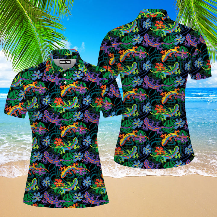 Lizards And Leaves Tropical Pattern Polo Shirt For Women