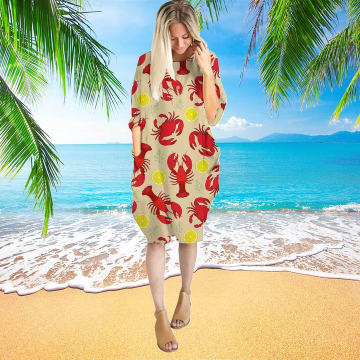 Lobster Crab And Lemon Pattern Long Sleeve Midi Dress | MD1477