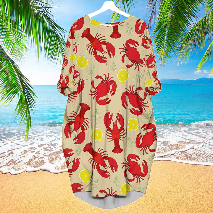 Lobster Crab And Lemon Pattern Long Sleeve Midi Dress | MD1477