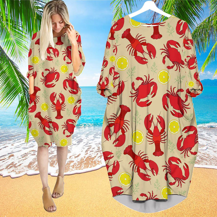 Lobster Crab And Lemon Pattern Long Sleeve Midi Dress | MD1477