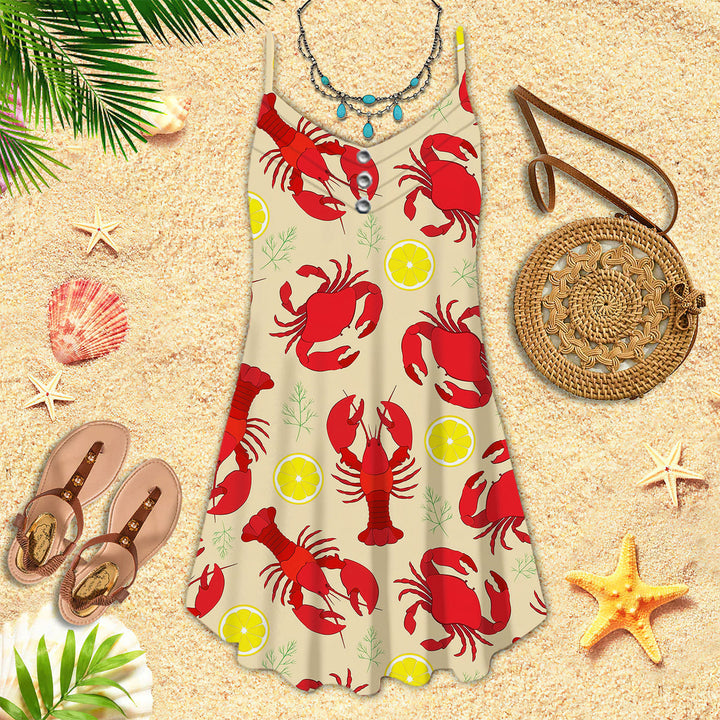 Lobster Crab And Lemon Pattern Spaghetti Strap Summer Dress | SD1477