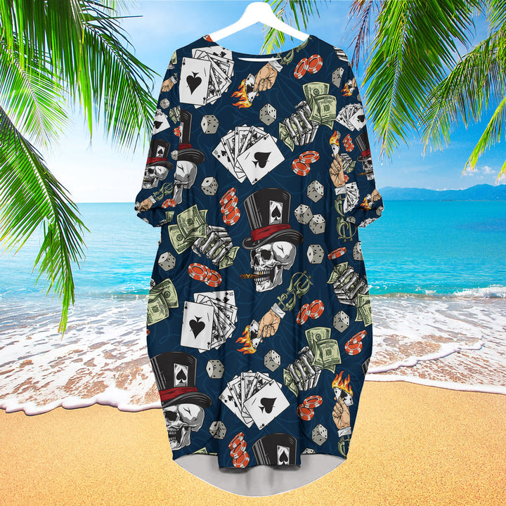 Lucky Dice Spades Gambling Skull Aloha Long Sleeve Midi Dress | MD1585