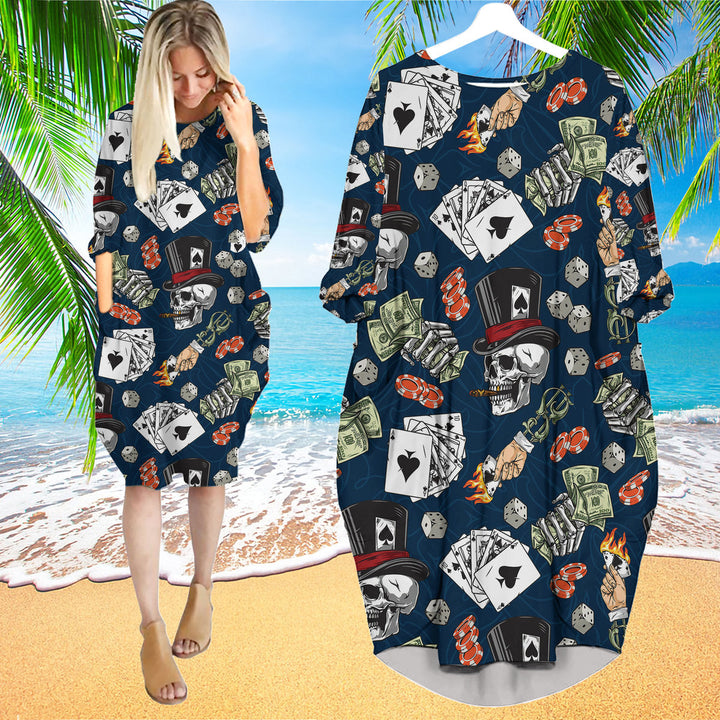 Lucky Dice Spades Gambling Skull Aloha Long Sleeve Midi Dress | MD1585