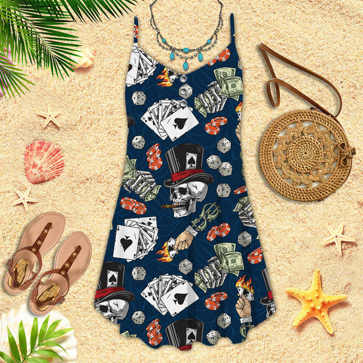 Lucky Dice Spades Gambling Skull Aloha Spaghetti Strap Summer Dress | SD1585