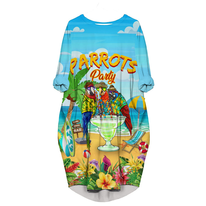 Parrots Party Drink Cocktail Tropical Long Sleeve Midi Dress