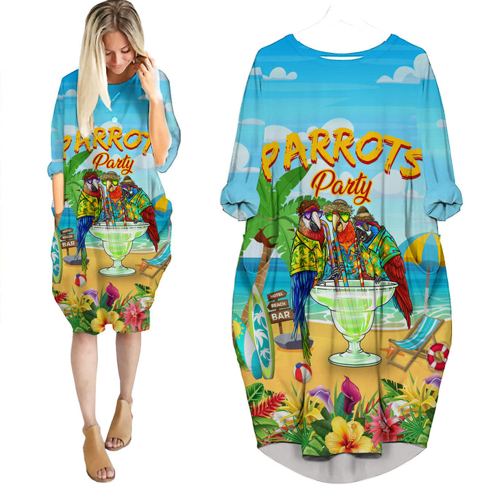 Parrots Party Drink Cocktail Tropical Long Sleeve Midi Dress