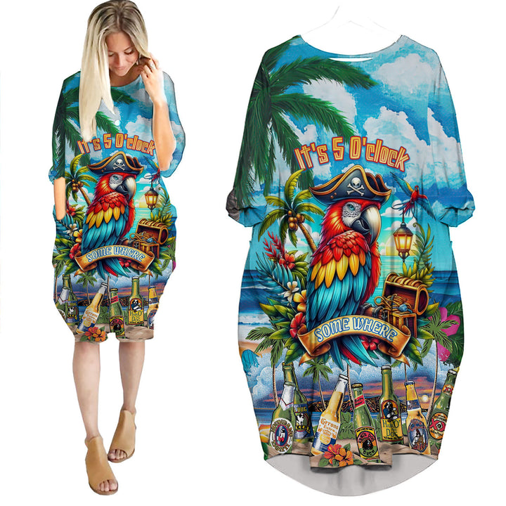 Parrot It's 5 O'Clock Somewhere Beer Party On The Beach Blue Long Sleeve Midi Dress