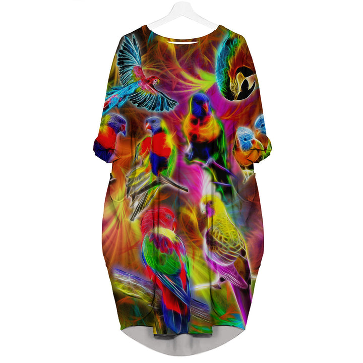 Neon Colorful Parrot Long Sleeve Midi Dress