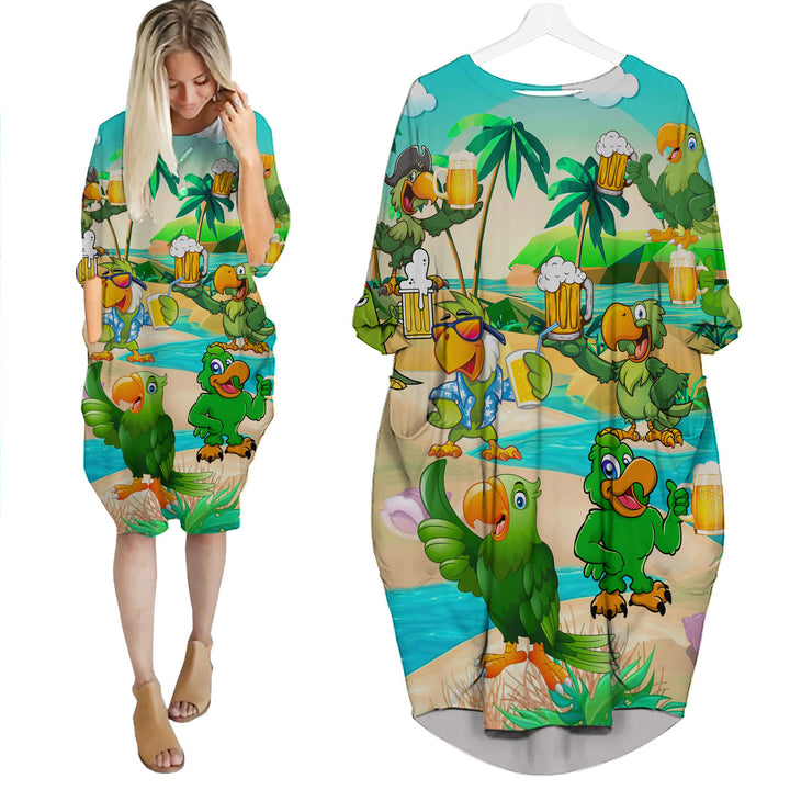 Green Parrot Drink Beer Oktoberfest Long Sleeve Midi Dress 