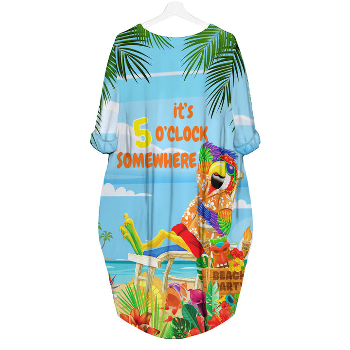  It's 5 O'Clock Somewhere Parrot On The Beach Blue Long Sleeve Midi Dress 