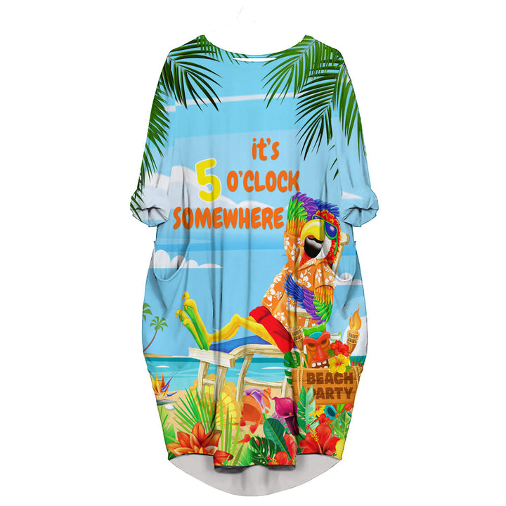  It's 5 O'Clock Somewhere Parrot On The Beach Blue Long Sleeve Midi Dress 