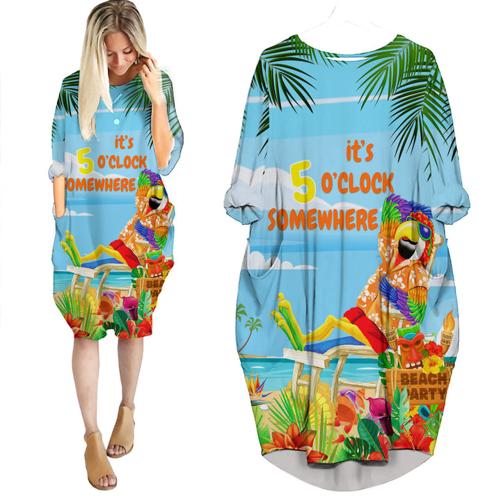  It's 5 O'Clock Somewhere Parrot On The Beach Blue Long Sleeve Midi Dress 