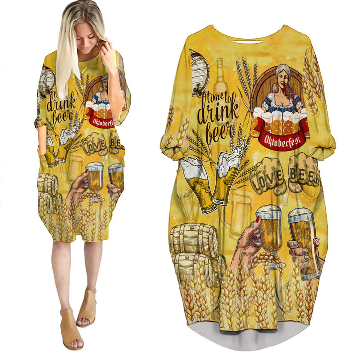 Oktoberfest Time To Drink Beer Yellow Long Sleeve Midi Dress 