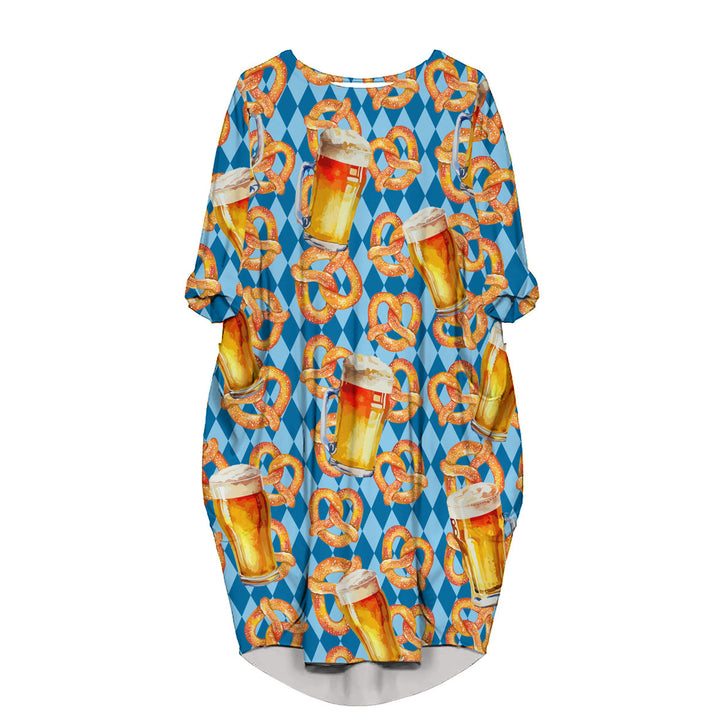 Oktoberfest Beer Pretzels Blue Checkered Long Sleeve Midi Dress