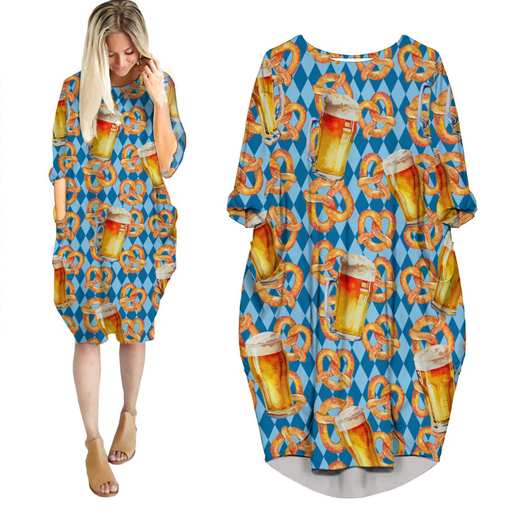 Oktoberfest Beer Pretzels Blue Checkered Long Sleeve Midi Dress