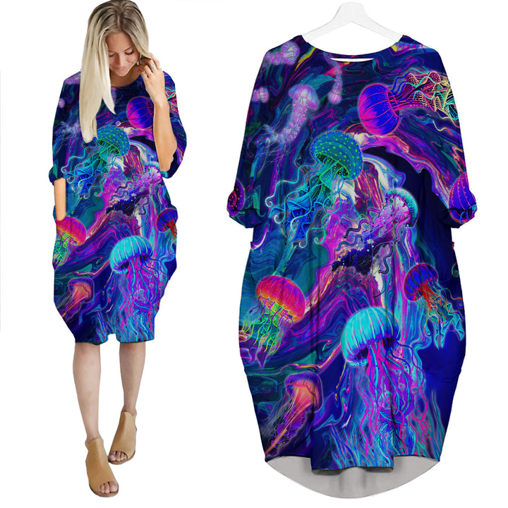 Neon Jellyfish Undersea Colorful Long Sleeve Midi Dress