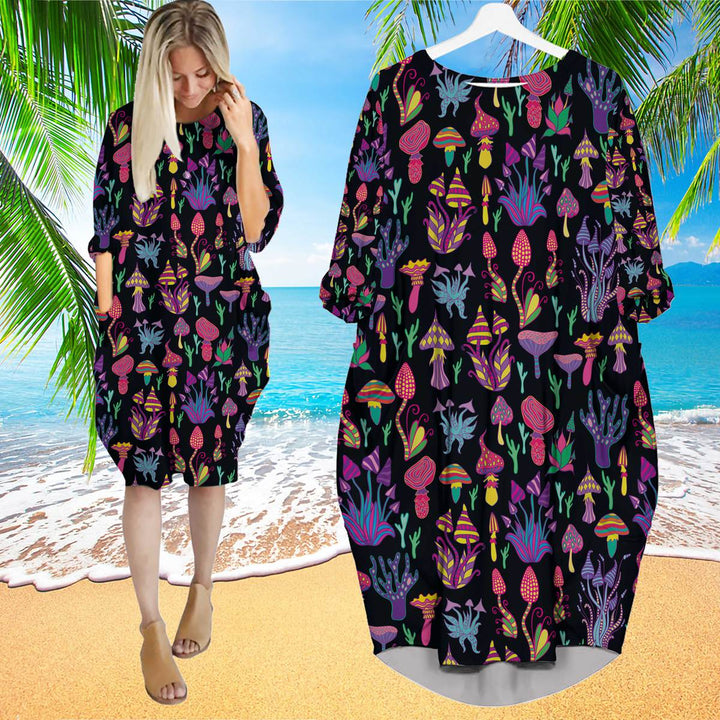 Magic Psychedelic Mushroom Long Sleeve Midi Dress | MD1462