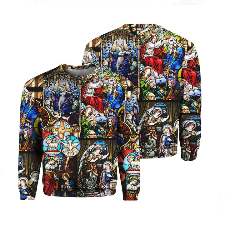 Mary's Coronation Religious Stained Glass Window Sweatshirt For Men & Women