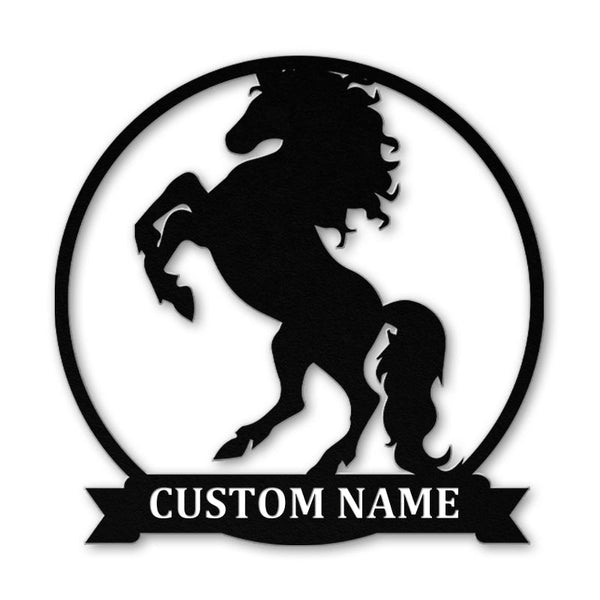Custom Family Name Metal Horse Sign For Yard & Garden Decor Cut Metal Sign | MN1430-Black-Gerbera Prints.