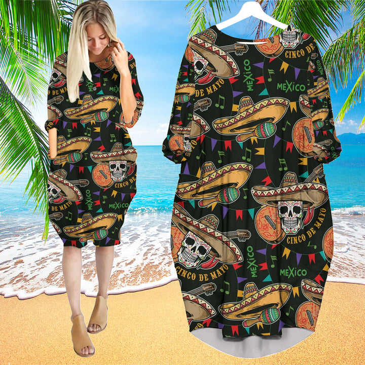 Mexican Skull Cinco De Mayo Long Sleeve Midi Dress | MD1698