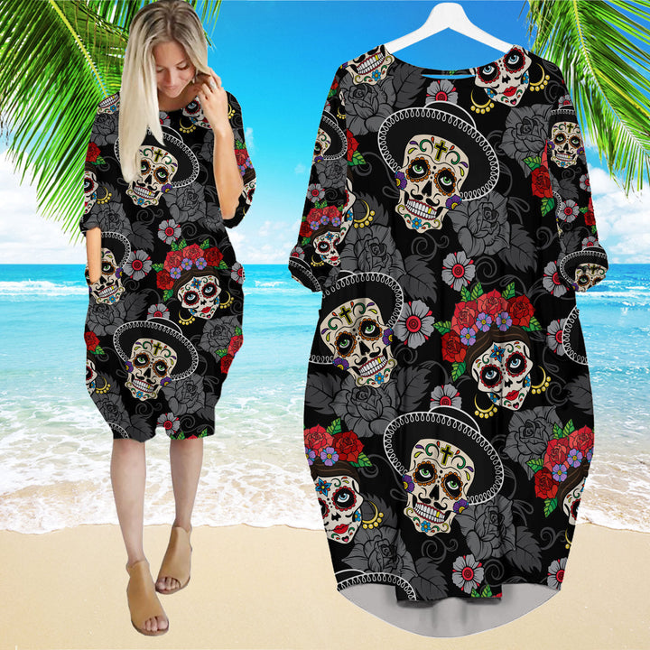 Mexican Skull Day Of The Dead Long Sleeve Midi Dress | MD1104