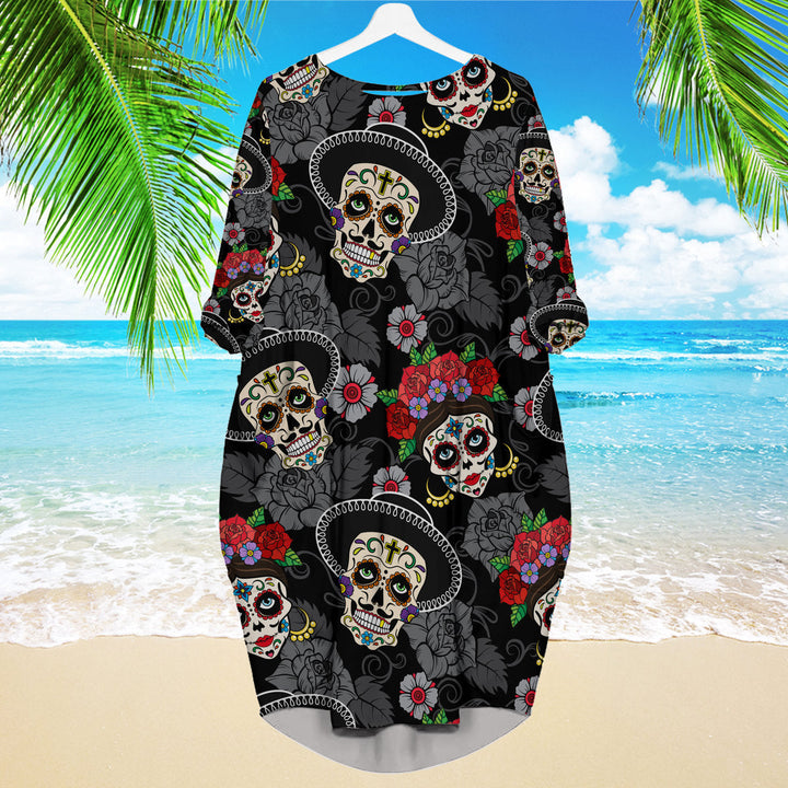 Mexican Skull Day Of The Dead Long Sleeve Midi Dress | MD1104