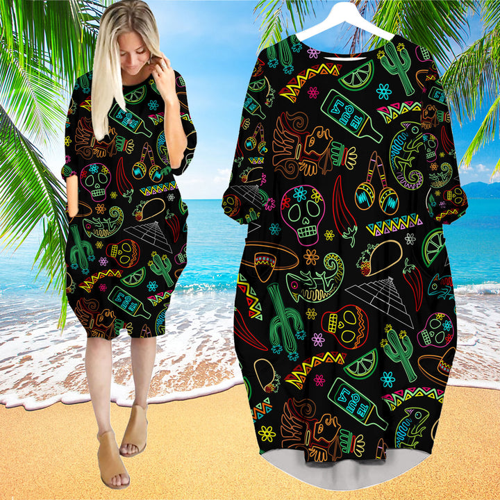 Mexico Neon Fiesta Cinco De Mayo Long Sleeve Midi Dress | MD1141