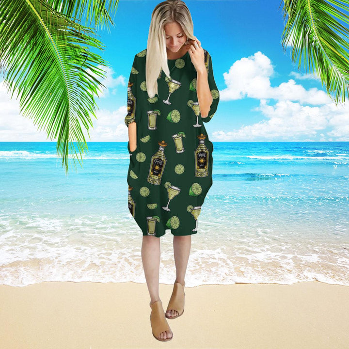 Mexico Tequila Bottle Long Sleeve Midi Dress | MD1254