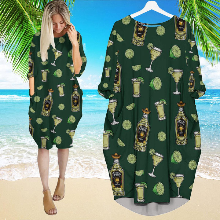 Mexico Tequila Bottle Long Sleeve Midi Dress | MD1254