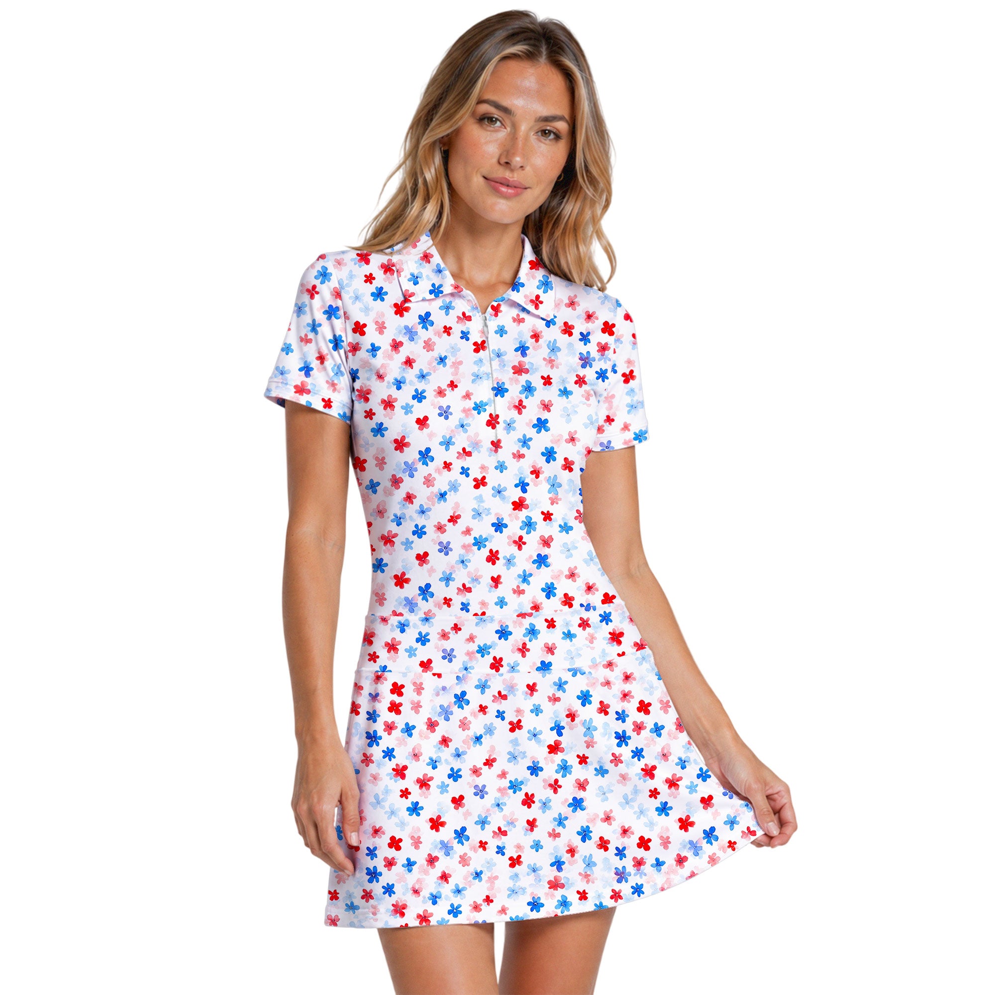 Blue Floral Short Sleeve Golf Dress, Golf Dresses For Women, Patriotic USA Dress, S