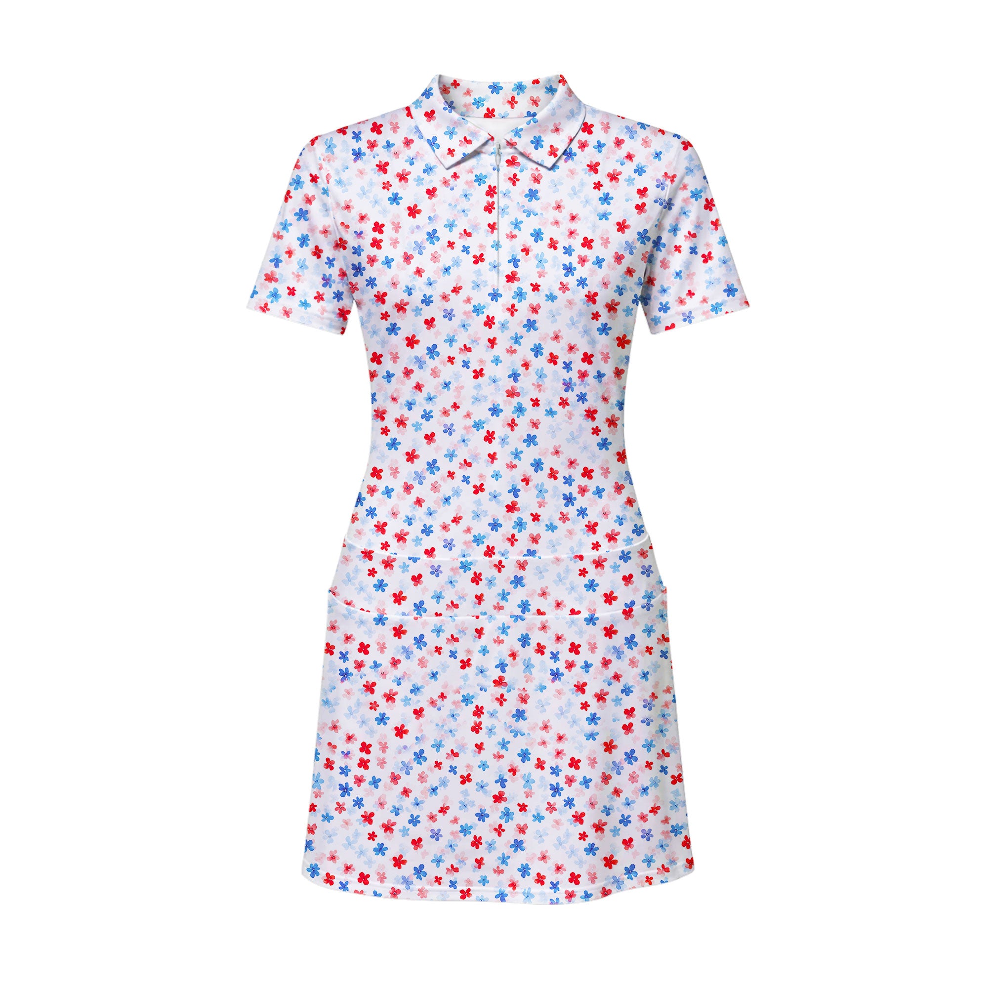 Red & Blue Floral Short Sleeve Dress, Women's Golf Polo Dress, Golf Dresses For Women, Golf Zipper Dress with Built-in Shorts – Gerbera Prints