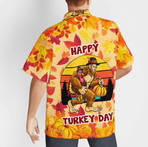 Monkey Thanksgiving Bigfoot With Pumpkin And Turkey Yellow And Orange Aloha Hawaiian Shirts For Men And For Women WT9600