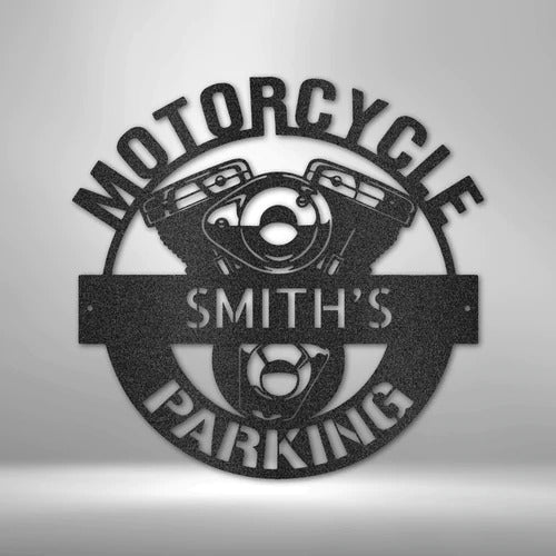 Motorcycle Parking Monogram Custom Cut Metal Sign | MN1253-Black-Gerbera Prints.