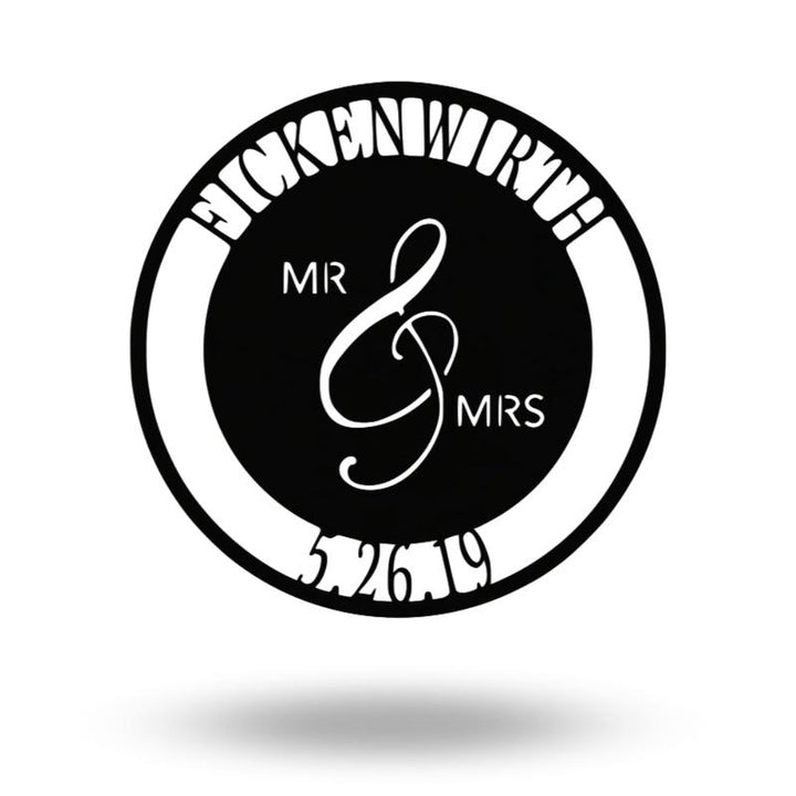 Mr. and Mrs Circle Monogram Custom Name Cut Metal Sign | MN1021-Black-Gerbera Prints.