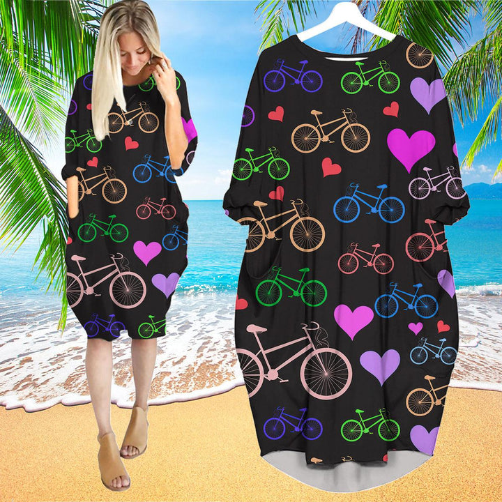 Multicolored Bikes And Hearts Long Sleeve Midi Dress | MD1404