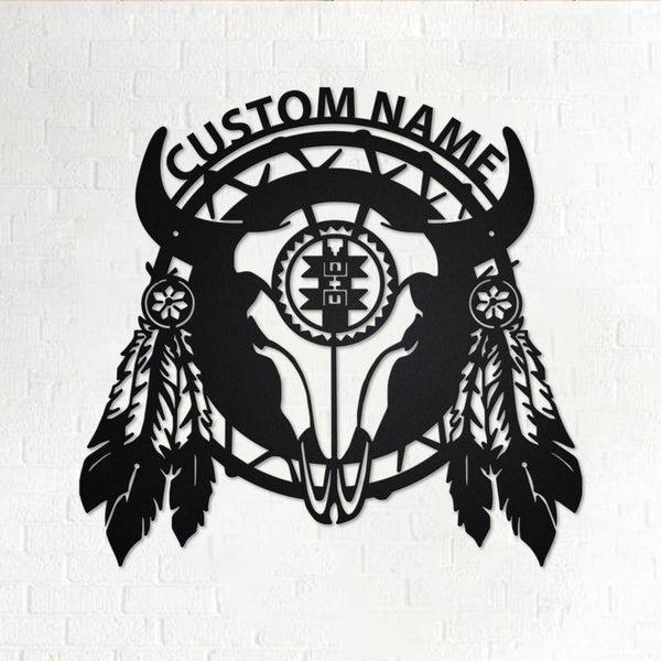 Native American Cow Skull Home Decor Custom Cut Metal Sign | MN1688-Black-Gerbera Prints.