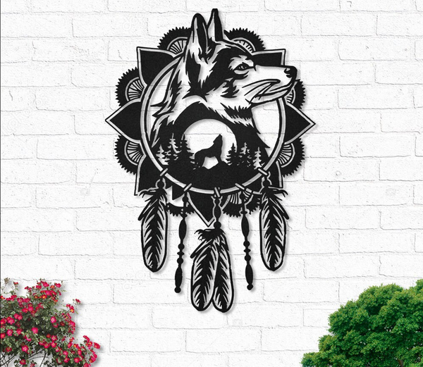 Native American Wolf DreamCatcher - Metal House Sign