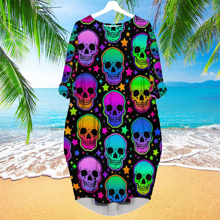 Neon Bright Skulls Pattern Long Sleeve Midi Dress | MD1741