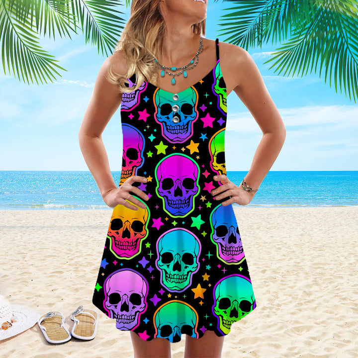 Neon Bright Skulls Pattern Spaghetti Strap Summer Dress | SD1741