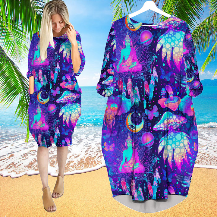 Neon Trippy Hippie Mushrooms Long Sleeve Midi Dress | MD1664