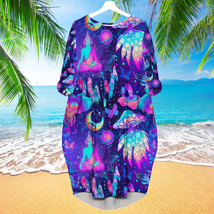 Neon Trippy Hippie Mushrooms Long Sleeve Midi Dress | MD1664