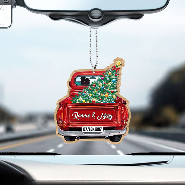 Red Truck Christmas Couple Custom Text Car Ornament COT1143