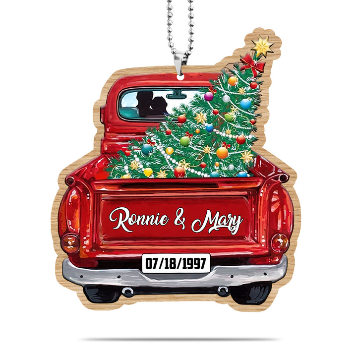 Red Truck Christmas Couple Custom Text Car Ornament COT1143