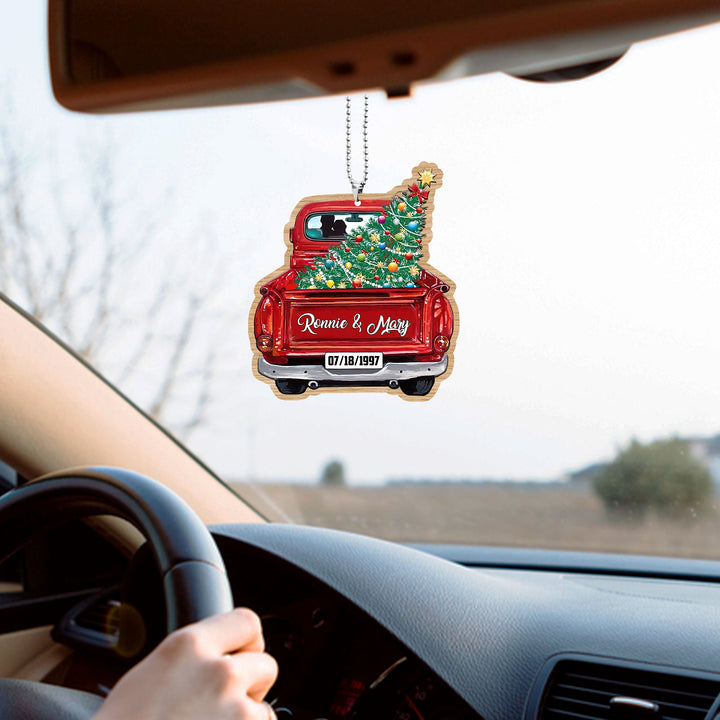 Red Truck Christmas Couple Custom Text Car Ornament COT1143