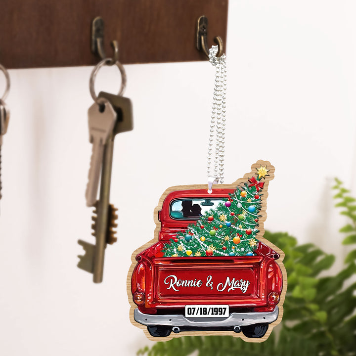 Red Truck Christmas Couple Custom Text Car Ornament COT1143