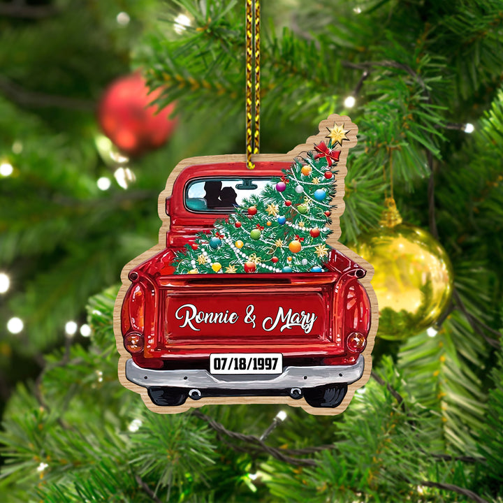 Red Truck Christmas Couple Custom Text Car Ornament COT1143