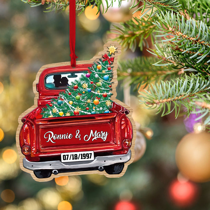 Red Truck Christmas Couple Custom Text Car Ornament COT1143