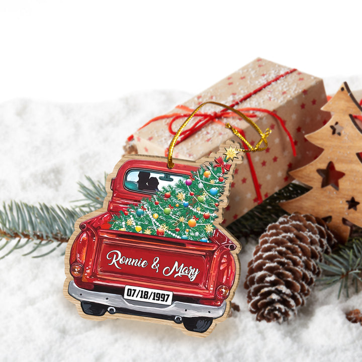 Red Truck Christmas Couple Custom Text Car Ornament COT1143