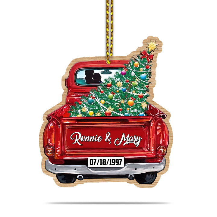 Red Truck Christmas Couple Custom Text Car Ornament COT1143