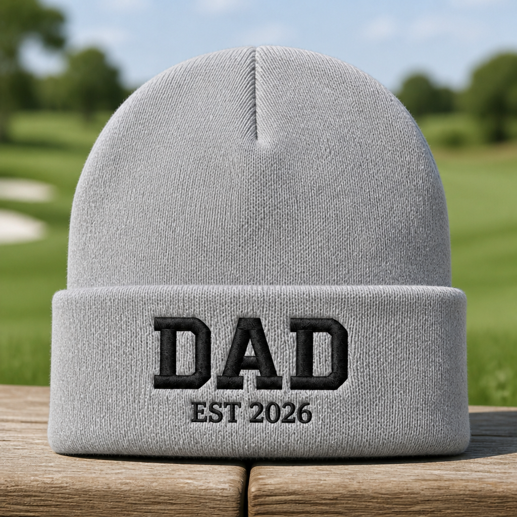Golf Dad 2026 Embroidered Beanie - Front View, Sport Grey